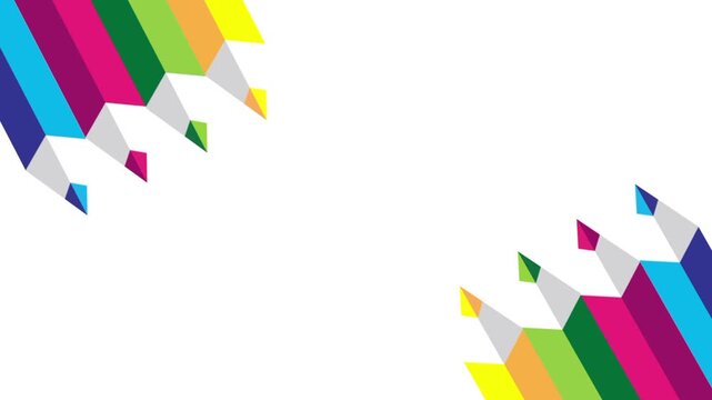 Diagonal rows of colorful sharpened pencils cascading from the top left corner across a clean plain white background surface area great for creative