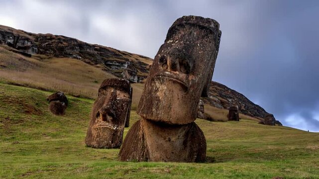 Moai Statues at Rano Raraku Quarry on the Volcanic Slopes of Easter Island, Rapa Nui, Chile. Time lapse video.