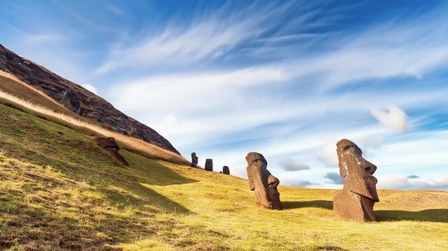 Moai Statues at Rano Raraku Quarry on the Volcanic Slopes of Easter Island, Rapa Nui, Chile. Time lapse video.