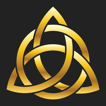 Gold Triquetra Trinity knot with circle symbol, Celtic interlace emblem isolated on dark background.