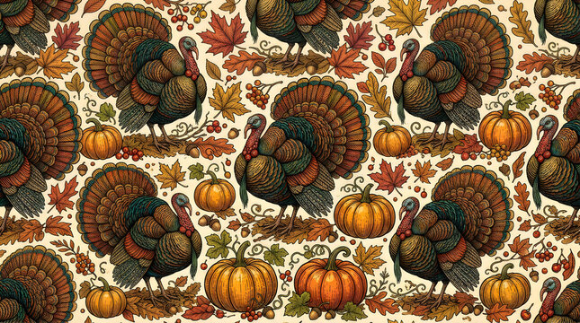 Seamless thanksgiving pattern with turkeys pumpkins and autumn leaves for festive holiday fabric wrapping paper and seasonal decoration design