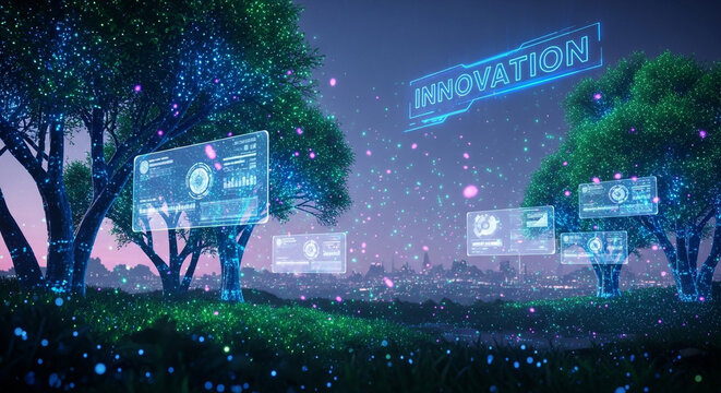 Innovation: Futuristic holographic interface in forest. Digital screens, data analytics, technology concept. Cyberpunk nature. Night scene. Visual metadata. Modern design for websites. High-tech