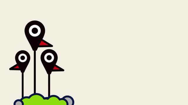 Warm beige background with two black pin markers shaped like curious birds standing closely together on a small patch of grass great for creative flat