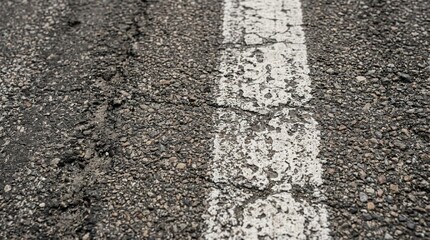 Fototapeta premium Close-up of weathered asphalt road surface with faded white painted lane marking, visible cracks, gravel texture, and worn pavement under natural daylight