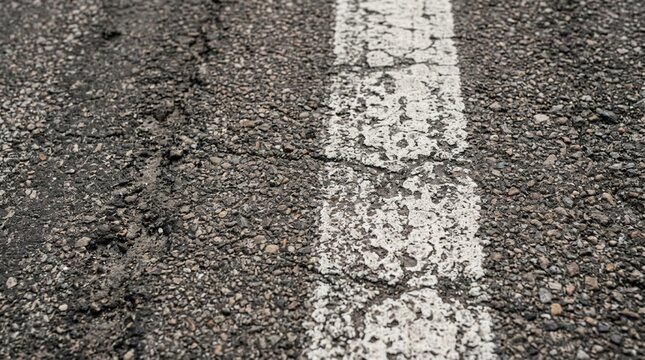 Close-up of weathered asphalt road surface with faded white painted lane marking, visible cracks, gravel texture, and worn pavement under natural daylight