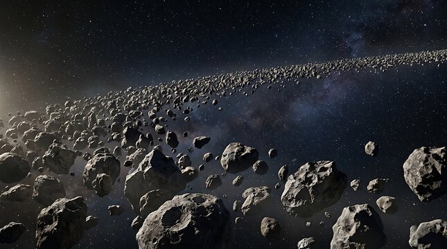 Large group of many asteroids floating in deep dark space with stars in the background. astroid belt