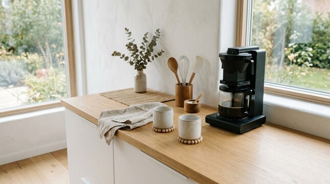 Minimalist kitchen countertop with sleek black coffee maker, ceramic mugs, wooden utensils, and eucalyptus vase, bathed in soft natural window light on warm wood surface