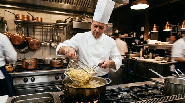 Professional chef in white uniform and tall toque carefully lowers wire basket of potato strips into hot oil in busy restaurant kitchen with copper pots and pans