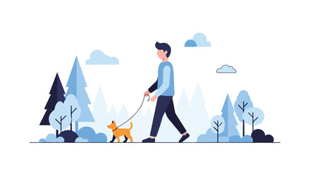 Fototapeta premium A man is walking his small dog on a leash through a stylized forest landscape filled with blue trees and clouds under a clear white sky.