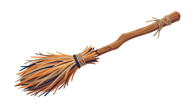 Traditional wooden witch broomstick illustration isolated on white background for Halloween and magic themes