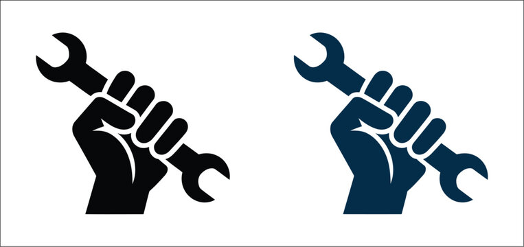 Hand holding wrench icon set, repair tool symbols representing manual labor, technical empowerment, maintenance and mechanical services for apps and websites