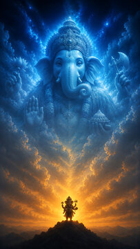 Divine Lord Ganesha Emerging from Cosmic Blue Clouds Above a Devotee at Golden Sunrise, Premium Spiritual Wall Art