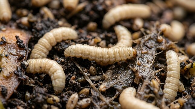 Extreme close up macro shot of white larvae worms on wet leaf soil