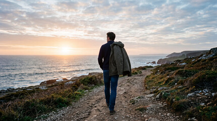 Fototapeta premium Man Walking Alone at Sunrise by the Sea