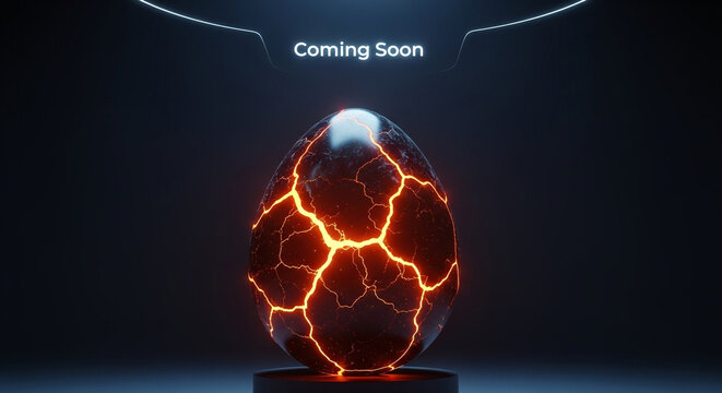 Coming Soon text, cracked glowing orange sphere on dark background, futuristic neon light effect, tech product launch teaser, sci-fi energy orb, preview announcement concept