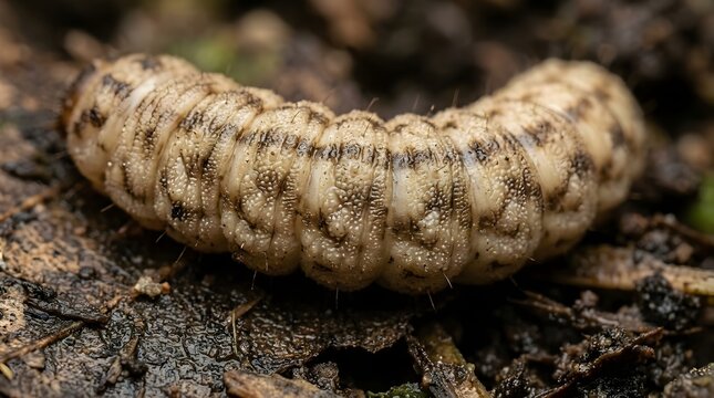 Macro shot of single white grub larva on wet dark soil background