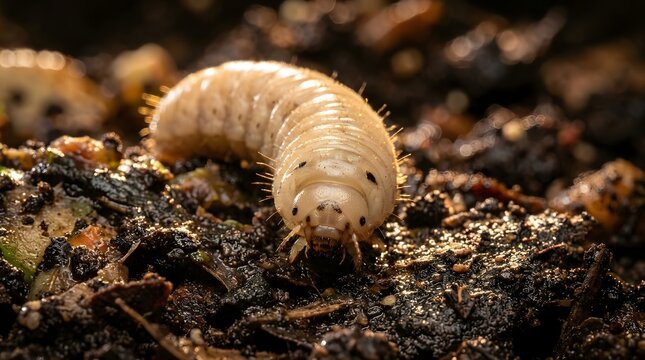Extreme macro front view portrait of single fat grub larva on wet soil
