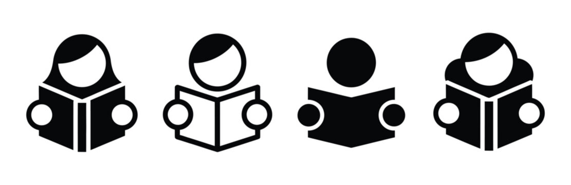 Reading book icon set for education learning and reader concept, read book symbol, minimal vector illustration isolated on white background, study, knowledge, literacy, library, and reading.