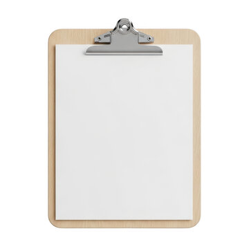 Wooden clipboard with blank white paper sheet isolated on a white background