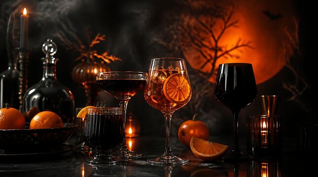 Halloween themed still life with cocktails and pumpkins.