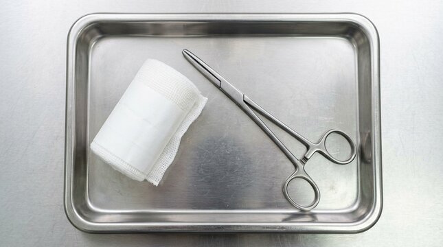 Sterile gauze roll resting beside forceps on a surgical prep tray