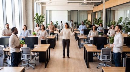 Obraz premium Wellness training with office employees doing a breathing exercise