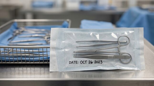 Surgical instrument sterilization pouch sealed and dated resting beside a tray of tools