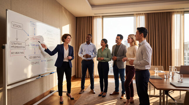Leadership workshop with team discussion around a whiteboard