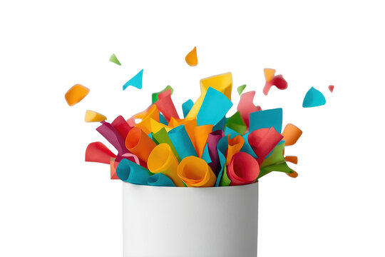 Colorful rolled paper pieces bursting from white box