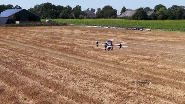 Professional agricultural drone flying low over a golden harvested wheat field, using smart farming technology for crop management and analysis with a farm and trees in the background