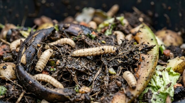 Black soldier fly larvae decomposing organic food waste in composting process