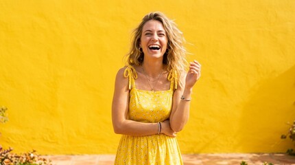 Obraz premium Joyful young woman in yellow sundress laughing against bright yellow wall, cheerful summer portrait with candid happy expression, golden sunlight vibes, feminine fashion photography