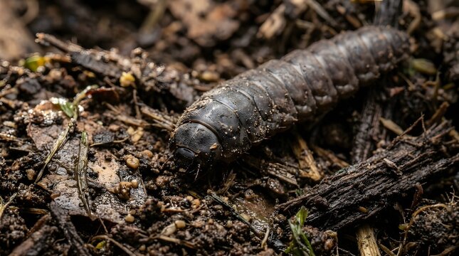 Dark prepupa stage of black soldier fly insect crawling on fertile compost soil