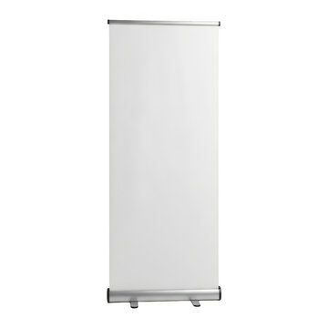 Blank roll up banner stand isolated on white background for business marketing display.
