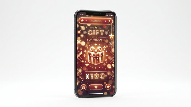 Mobile phone showcases a vibrant Christmas-themed game interface with gift imagery and multipliers.