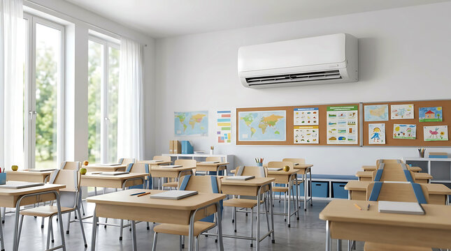 Modern classroom interior with student desks and an air conditioner on the wall