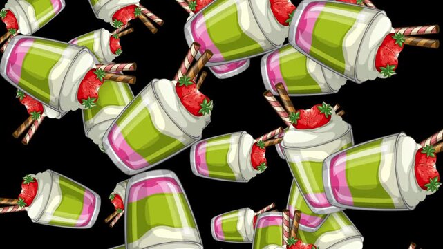 Falling Strawberry Matcha Parfait Dessert Animation on Black Background