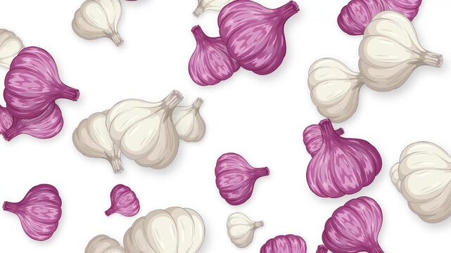 Falling White and Purple Garlic Bulbs Animation on White Background