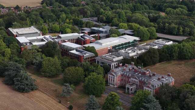 Aerial view of Hursley in Hampshire, England, a major research and development campus for software, computing, enterprise technology and innovation.