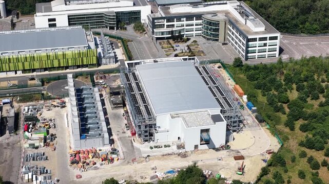 Aerial view of Datacentre near London, a sustainable data center campus supporting AI, cloud, enterprise and high performance computing with advanced cooling infrastructure.