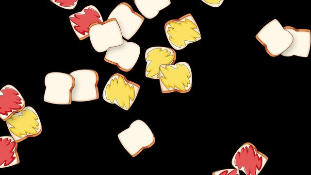 Animated Slices of Toast with Jam and Butter Falling on Black Background