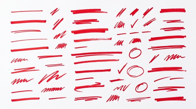Set of red hand drawn brush strokes, lines and scribbles on white, grunge texture elements for design overlays, artistic marker痕迹, creative painting swipes, abstract ink splatters