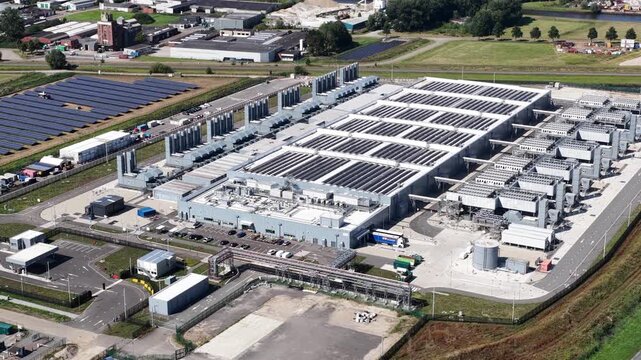 Aerial view of modern data center in Winschoten, providing hyperscale cloud computing infrastructure for AI, machine learning and large-scale digital processing.