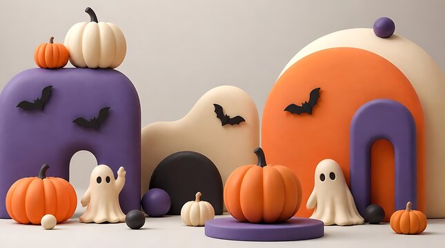Halloween miniature clay scene with pumpkins ghosts bats.