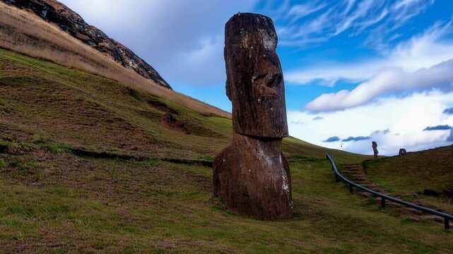 Moai Statues at Rano Raraku Quarry on the Volcanic Slopes of Easter Island, Rapa Nui, Chile. Time lapse video.