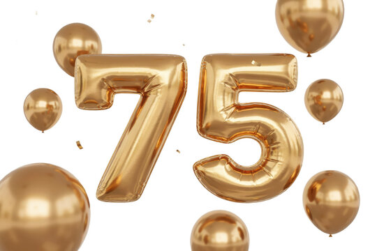 Shiny gold foil balloons in the shape of number seventy five with floating metallic spheres and confetti isolated on a transparent background