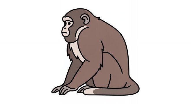 Minimalist Brown Monkey or Gibbon Primate Illustration Sitting in Side Profile Isolated on White Background Art