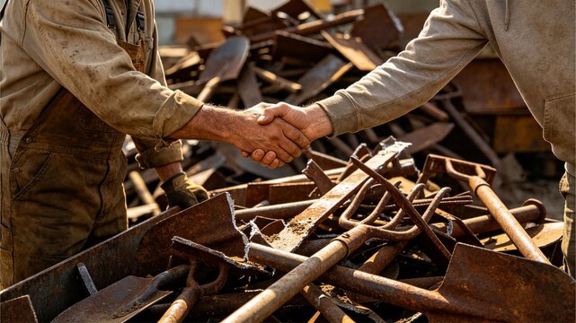 Business Partners Shaking Hands Beside Pile of Industrial Tools