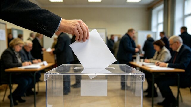Voter Inserting Ballot Paper into Transparent Box During Election Day