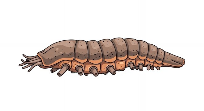 Detailed brown caterpillar larva illustration with segmented body and legs isolated on white background for design